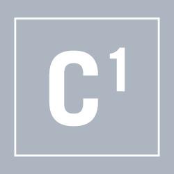 A light gray square with a white bordered outline contains a bold white letter "C" followed by a smaller, superscript "1" on a slightly darker gray background.