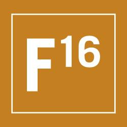 A square ochre background with a white border encloses the text "F16" in white, bold font. The letter "F" is larger and positioned to the left, with the number "16" to its upper right, slightly smaller.