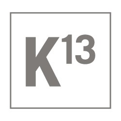 A grey square border encloses the capital letter 'K' and the number '13' placed slightly above and to the right of the 'K', all in grey color.