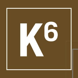 A brown square with a white border contains the letter "K" followed by a superscript number "6" both in white, centered within the square.