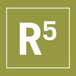 A green square with a white outline contains a large white "R" followed by a smaller "5" positioned slightly higher to the right of the "R". The design is minimalist and centered within the square.