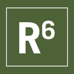 The image shows a white letter "R" next to a superscript "6" inside a white square border, all set against a dark green background.