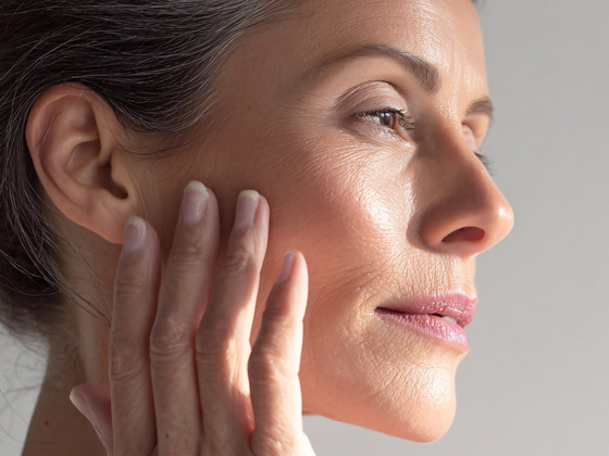 Close-up of a middle-aged woman with smooth, healthy skin gently touching her cheek, looking serene and thoughtful in soft, natural light—an image that highlights the importance of protecting against the Skin Microbiome Crisis.