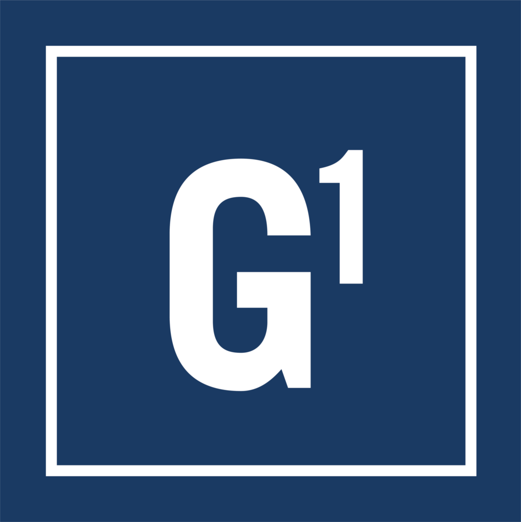 White uppercase "G" and the number "1" in bold font centered on a dark blue background, enclosed by a white square border.